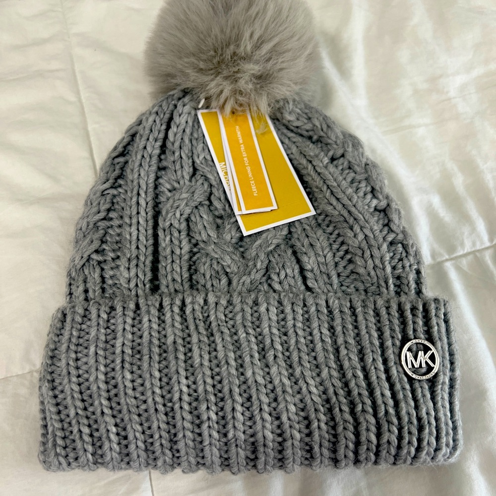 Michael Kors Charcoal Cable Knit Beanie with Pom